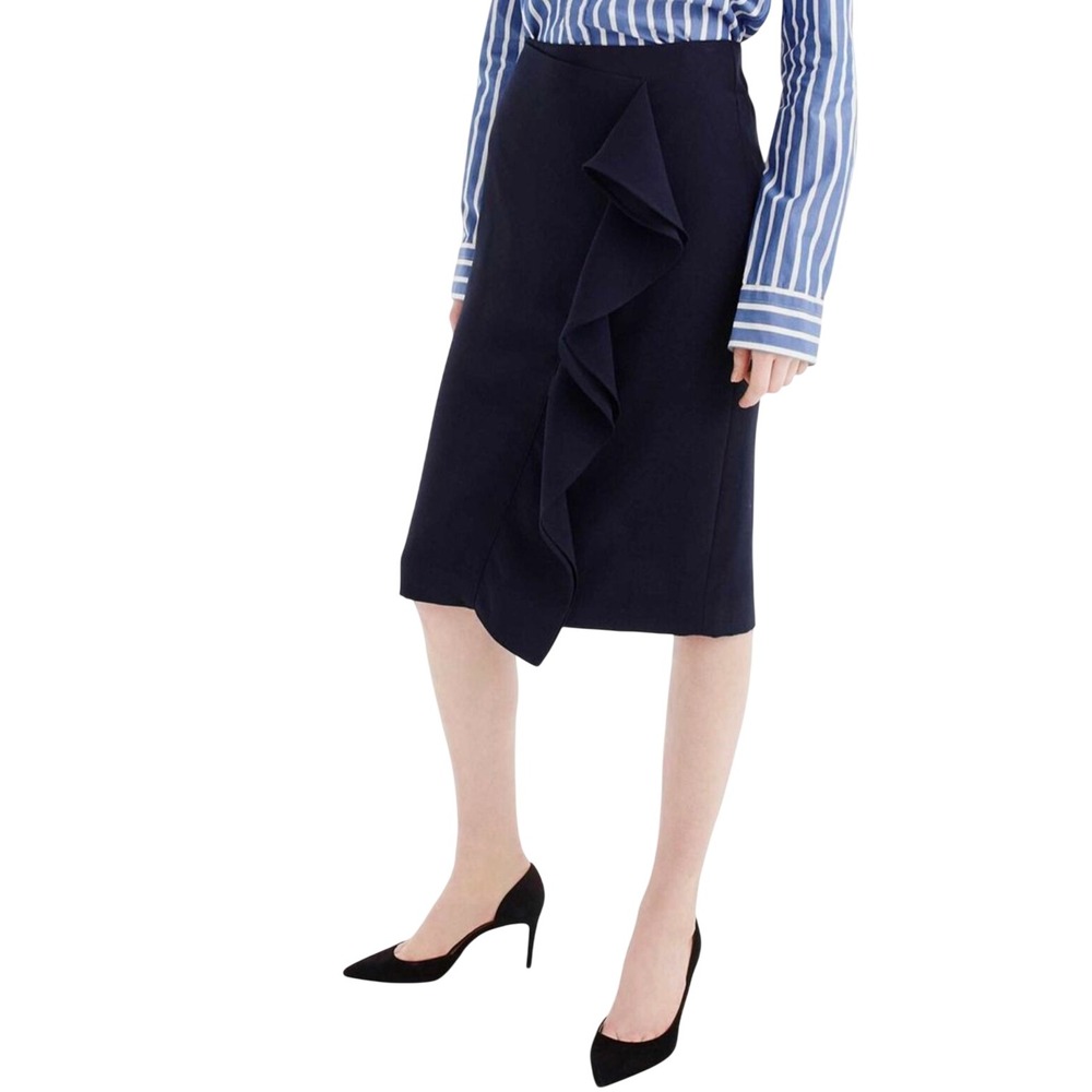 J Crew Ruffle Pencil Midi Skirt Navy Blue 365 Crepe Minimalist Corpcore Small 4